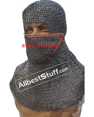 Side ventail Coif Flat Riveted Flat Solid Ring Chain Mail Hood 8 mm